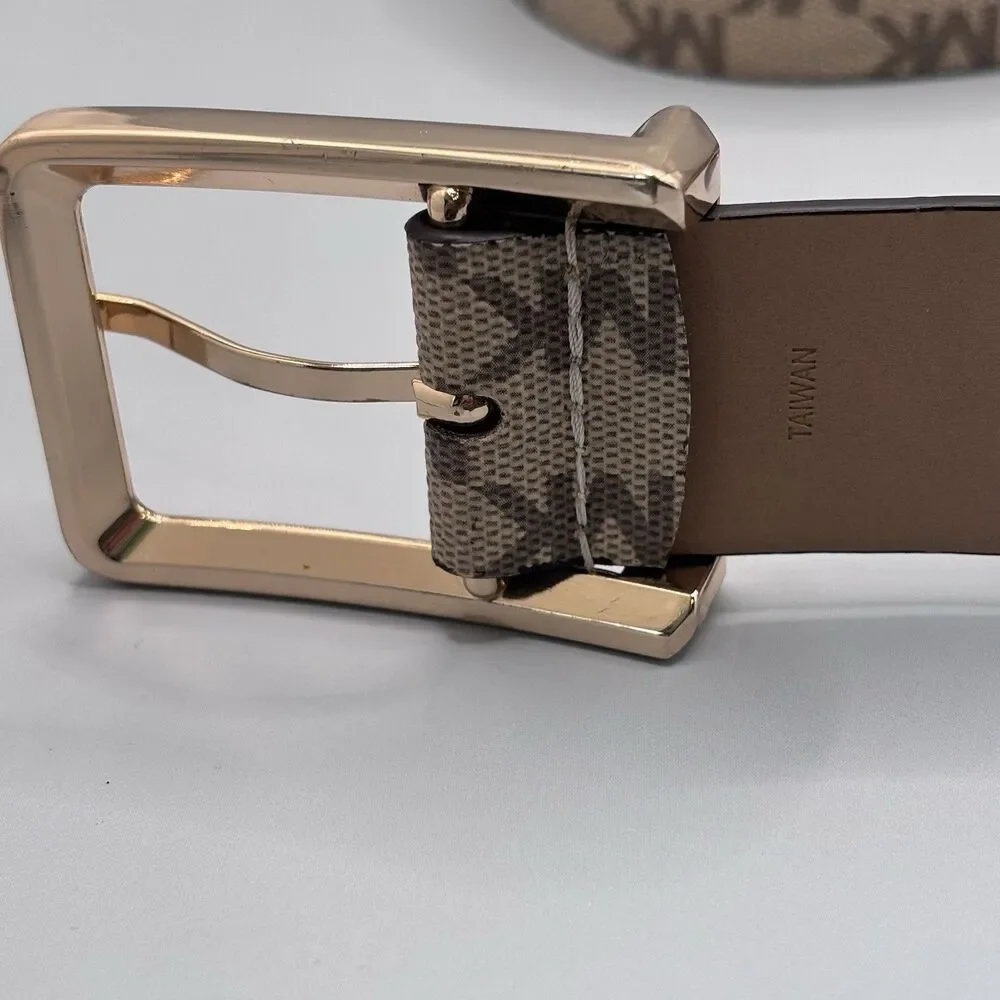 Michael Kors MK Signature Logo Belt Brown Vanilla Gold Buckle Women's Small